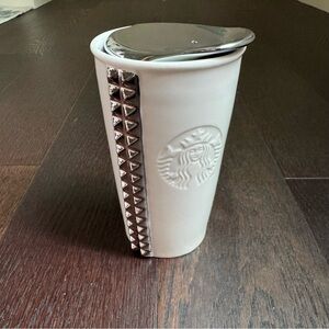 Starbucks 2014 White Ceramic Silver Studded 10oz Travel Coffee Tumbler With Lid